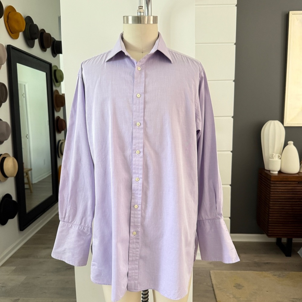 THOMAS PINK Traveller Classic Oxford Shirt Mens 17.5 Purple Business French Cuff